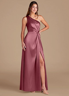 Azazie Brooke Bridesmaid Dresses Desert Rose A-Line One Shoulder Metallic Satin Dress image3