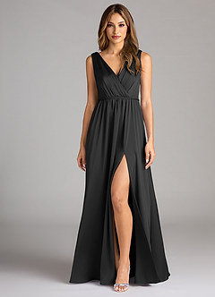 Azazie Tanicia Bridesmaid Dresses Black A-Line Pleated Stretch Satin Dress image1