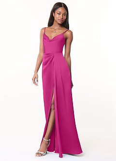 Azazie Brielle Bridesmaid Dresses Fuchsia A-Line Cowl Spaghetti Straps Stretch Satin Dress image3