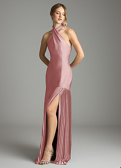 Azazie Nayeli Jurken voor bruidsmeisjes Jurk van Stretch Satijn met A-Lijn Geplooid Stoffige Roos image4