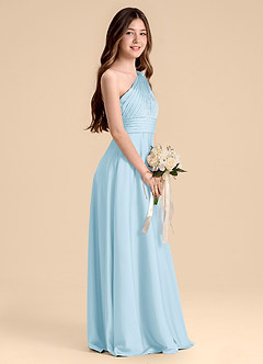 Azazie Charlize Junior Vestido de Azul Cielo de Satén Elástico de Corte en A con Plisado image5