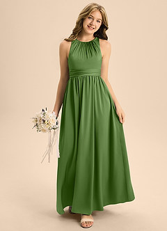 Azazie Jaylah Junior Basil A-Line Pleated Stretch Satin Dress image3