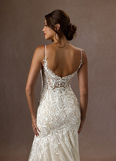 Azazie Camlynn Wedding Dresses Diamond White Champagne Mermaid V-Neck Sequins Tulle Dress image4