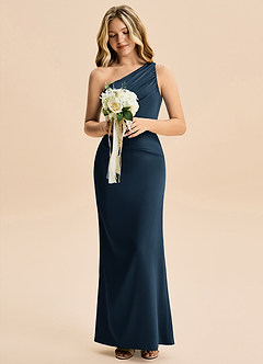 Azazie Akilah Junior Dark Navy Sheath Pleated Stretch Satin Dress image4