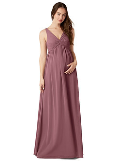 Azazie Yetta Maternity Bridesmaid Dresses A-Line V-Neck Gathered Chiffon Floor-Length Dress image1