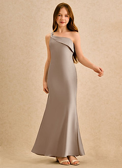 Azazie Almond Girls Formal Jurken voor bloemenmeisjes Kokerjurk Jurk van Stretch Satijn One-shoulder Taupe image6