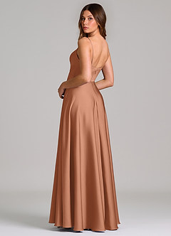 Azazie Amani 신부 들러리 드레스 A라인 주름진 스트레치 새틴 바닥 길이 드레스 image2