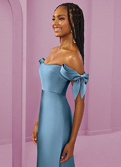 Barbie ♥ Azazie Bridesmaid Dresses Steel Blue Sheath Off the Shoulder Stretch Satin Convertible Dress image6