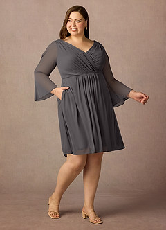 Azazie Teraso Mère de la mariée Robes Robe Trapèze en Maille Plissée Gris Acier image12