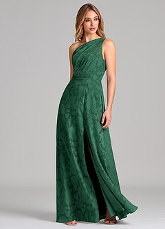 Azazie Phaedra Bridesmaid Dresses Dark Green A-Line One Shoulder Floral Burnout Dress image3