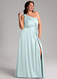 Azazie Brooke Bridesmaid Dresses Sea Glass A-Line One Shoulder Stretch Satin Dress image11