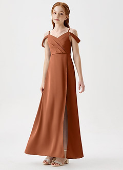 Azazie Ocean Junior Copper A-Line Off the Shoulder Stretch Satin Dress image5