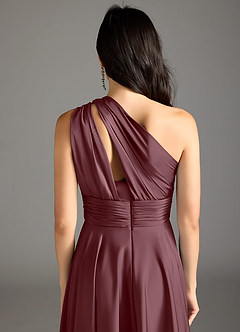 Azazie Charlize Bridesmaid Dresses Sangria A-Line One Shoulder Stretch Satin Dress image8