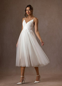 Azazie Liana Wedding Dresses Diamond White A-Line V-Neck Sequins Tulle Dress image3