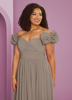 Barbie ♥ Azazie Robes de demoiselle d'honneur Robe Trapèze Convertible en Mousseline de soie Épaule décolletée Taupe image18