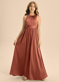 Azazie Jaylah Junior Vestido de Arcilla de Satén Elástico de Corte En A con Plisado image4