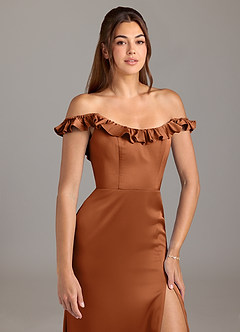 Azazie Callie Bridesmaid Dresses Copper A-Line Ruched Stretch Satin Convertible Dress image8