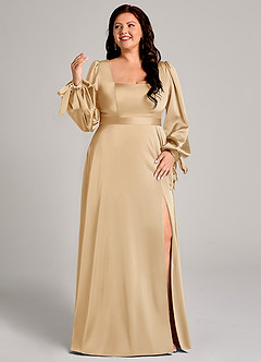 Azazie Leonia Vestidos de damas de honor Vestido de Oro de Satén Elástico de Corte en A con Manga larga image10