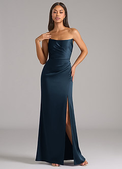 Azazie Marla Vestidos de madrinha de casamento Vestido Azul Marinho de Cetim elástico de Bainha com Sem Alças image3