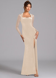 Azazie Megan Final Sale Champagne Mermaid Long Sleeve Mesh Dress image1