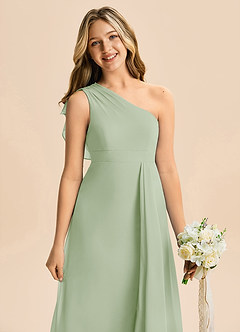 Azazie Delilah Junior Abito A-Line in Chiffon Increspato Verde Salvia image2