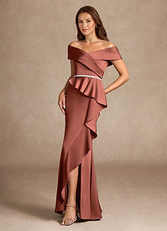 Azazie Dareia Mère de la mariée Robes Robe Sirène en Satin extensible Épaule décolletée Auburn image2