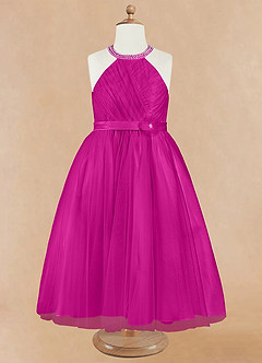 Azazie Honey Flower Girl Dresses Fuchsia A-Line Beaded Matte Satin Dress image7