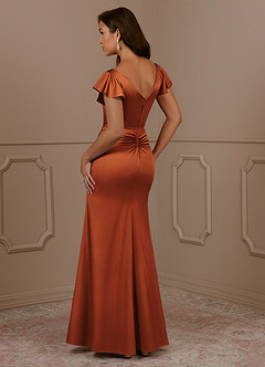 Azazie Roya Mother of the Bride Dresses Cinnamon Mermaid V-Neck Pleated Stretch Satin Dress image3