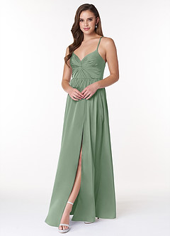 Azazie Raya At-home Try On Dresses Matcha A-Line V-Neck Pleated Stretch Satin Dress image3