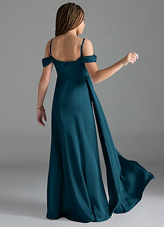 Azazie Amyra Junior Ink Blue Sheath Off the Shoulder Stretch Satin Dress image2