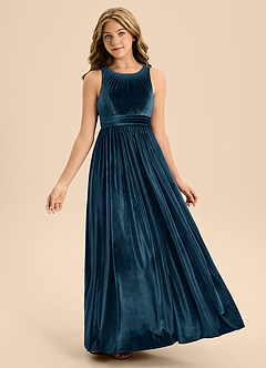 Azazie Jaylah Junior Vestido de Topacio Azul de terciopelo de Corte en A con Plisado image6