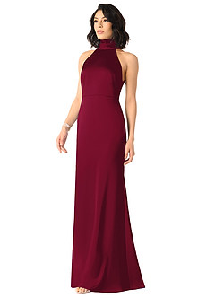 Azazie x Delaney Bridesmaid Dresses Burgundy Sheath High Neck Stretch Satin Dress image2