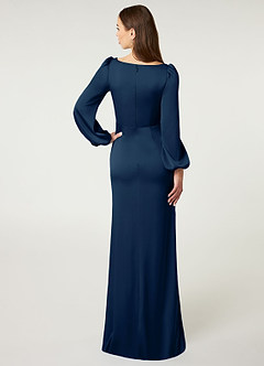 Azazie Mel Bridesmaid Dresses Dark Navy Sheath Long Sleeve Stretch Satin Dress image2