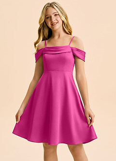 Azazie Anselie Junior Fuchsia A-Line Off the Shoulder Stretch Satin Dress image5