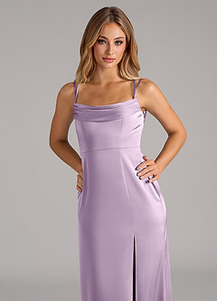 Azazie Callan Bridesmaid Dresses Frosted Lilac A-Line Pleated Stretch Satin Convertible Dress image7