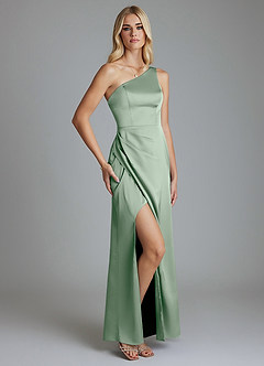 Azazie Adhara Final Sale Agave Sheath One Shoulder Stretch Satin Dress image9