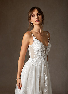 Azazie Monda Wedding Dresses Diamond White A-Line Lace Tulle Dress image7