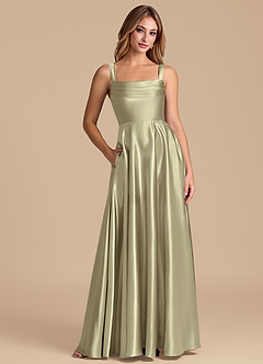 Azazie Shaude Bridesmaid Dresses Moss Green A-Line Pleated Metallic Satin Dress image1
