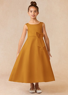 Azazie Lindy Flower Girl Dresses Butterscotch A-Line Pleated Matte Satin Dress image2