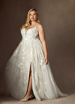 Azazie Monda Abiti da Sposa Abito A-Line in Tulle Pizzo Bianco Diamante Champagne image14