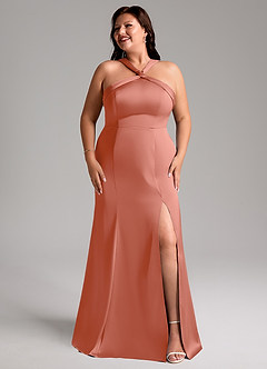 Azazie Rue Vestidos de damas de honor Vestido de Rosa Salmón de Satén Elástico de Corte Sirena con Plisado image10