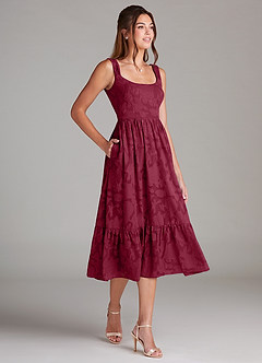 Azazie Alissa Bridesmaid Dresses Burgundy A-Line with Pockets Floral Burnout Dress image4