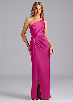 Azazie Naria Vestidos de damas de honor Vestido de Fucsia de Satén Elástico de Corte Recto con Hombro unilateral image5