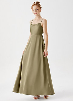 Azazie Shale Junior Robe Trapèze en Satin extensible Vert Mousse image2