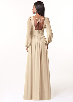 Azazie Norah At-home Try On Dresses Champagne A-Line V-Neck Long Sleeve Chiffon Dress image2