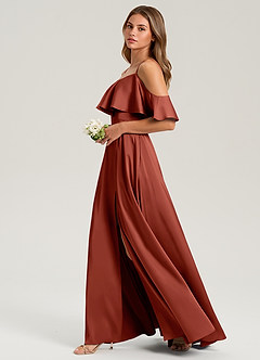 Azazie Jean Bridesmaid Dresses Terracotta A-Line Off the Shoulder Stretch Satin Dress image5