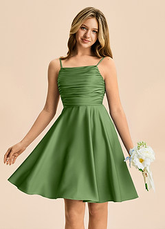 Azazie Miko Junior Basil A-Line Pleated Stretch Satin Dress image1