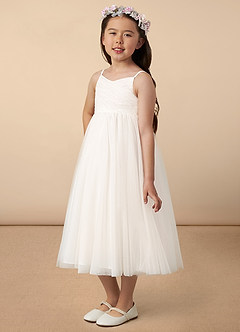 Azazie Amya Flower Girl Dresses Diamond White A-Line Pleated Tulle Dress image2