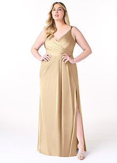Azazie Aqua Bridesmaid Dresses Champagne A-Line V-Neck Pleated Stretch Satin Dress image8