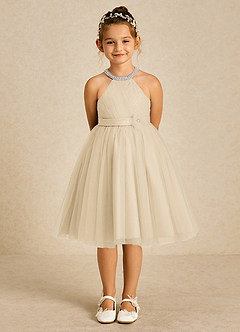 Azazie Honey Flower Girl Dresses Champagne A-Line Beaded Matte Satin Dress image1
